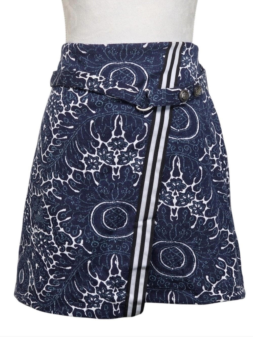 Maeve Navy and White Printed A-Line Mini Skirt with Stripe Detail